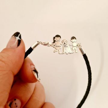 Bratara Unisex cu membrii Familiei - 3 membri - Mama si copii - Argint 925, piele impletita