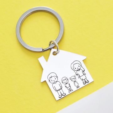 Breloc Casuta cu membri familie gravati -Mama, Tata si 2 copii - Argint 925, otel inoxidabil