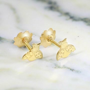 Cercei copii/bebe - Model buburuza - Aur Galben 14K - Inchizatoare sigura si confortabila cu filet