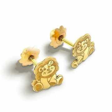 Cercei copii/bebe - Model leu - Aur Galben 14K - Inchizatoare sigura si confortabila cu filet