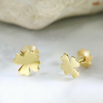 Cercei copii/bebe - Model trifoi - Aur Galben 14K - Inchizatoare sigura si confortabila cu filet