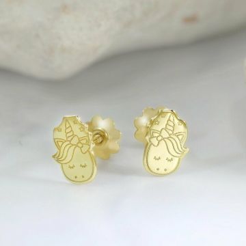 Cercei copii/bebe - Model unicorn - Aur Galben 14K - Inchizatoare sigura si confortabila cu filet