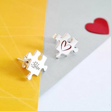 Cercei personalizati - Piesa de puzzle gravata/decorata cu email colorat - Argint 925 - inchizatoare surub