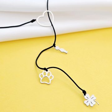 Colier lariat Y - 4 pandantive - Inima si 3 piese la alegere - Argint 925 - snur negru