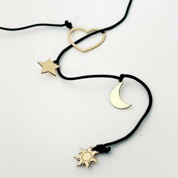 Colier lariat Y - 4 pandantive - Inima si 3 piese la alegere - Aur Galben 14K - snur negru