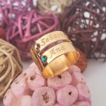 Inel personalizat 2 nume - Argint 925 placat cu Aur galben 18 k, cristale Swarovski