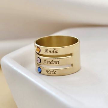 Inel personalizat 3 nume - Argint 925 placat cu Aur galben 18 k, cristale Swarovski