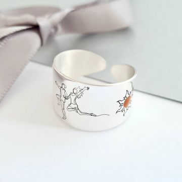 Inel personalizat - Cuplu - Luna si soare decoarete cu email pe laterale - Model lat - Argint 925