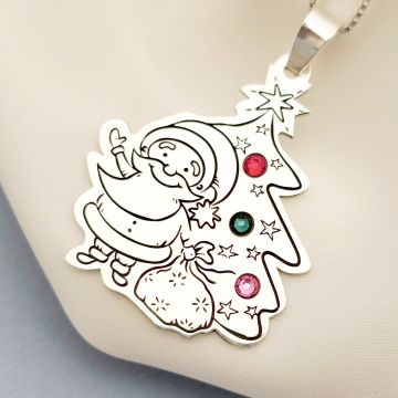 Lantisor cu pandantiv personalizat de Craciun - Mos si brad - Argint 925 - cristale Swarovski