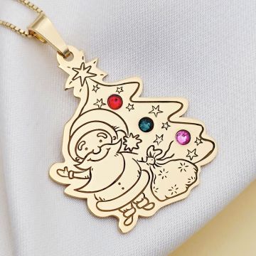Lantisor cu pandantiv personalizat de Craciun - Mos si brad - Argint 925 placat cu Aur galben 18K - cristale Swarovski