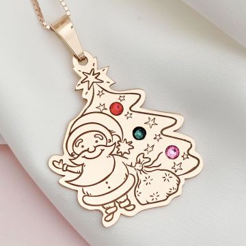 Lantisor cu pandantiv personalizat de Craciun - Mos si brad - Argint 925 placat cu Aur roz 18K - cristale Swarovski