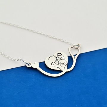 Lantisor cu pandantiv personalizat - Stetoscop cu simbol gravat - Mama si copii - Argint 925