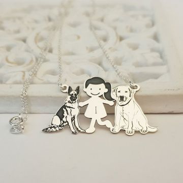 Lantisor Familie - 3 Membri - Fetita ciobanesc si labrador - Argint 925