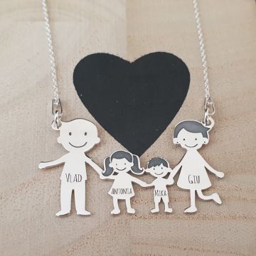 Lantisor Familie - 4 Membri - Tata Chel si Mama cu par scurt - Argint 925