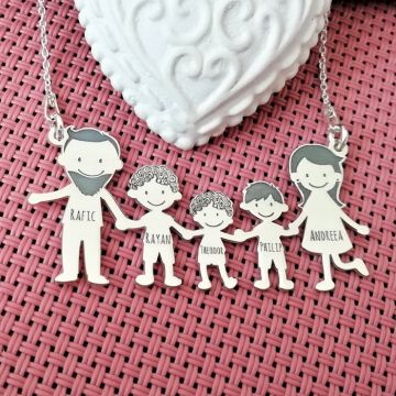 Lantisor Familie - 5 Membri - Tata cu barba si baieti cu parul cret - Argint 925