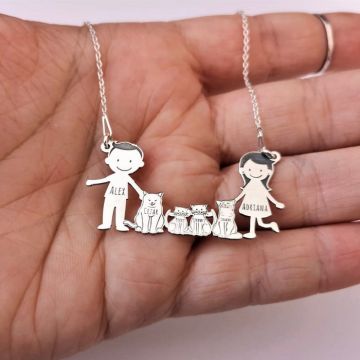 Lantisor Familie - 6 Membri cu 4 Pisici - Argint 925