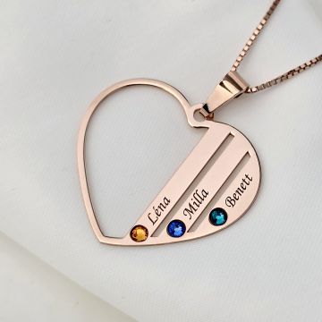 Lantisor Inima familiei - 3 nume si cristale Swarovski - Argint 925 placat cu Aur Roz 18K