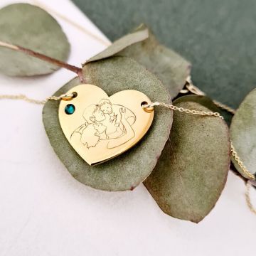 Lantisor Inima - personalizat cu siluete familie - Aur galben 14K - Cristal Swarovski