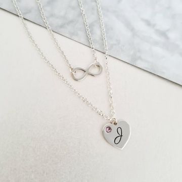 Lantisor personalizat - 2 Straturi - Inima si infinit - Argint 925 - Cristal Swarovski