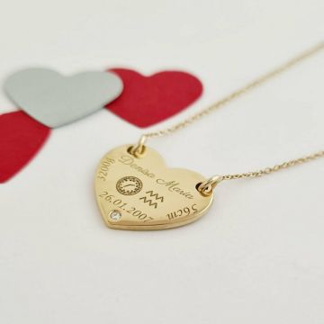 Lantisor personalizat cu Diamant natural - Inima 15 mm - Botez - Aur Galben 14K