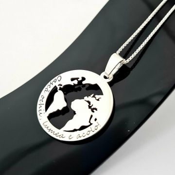 Lantisor personalizat cu mesaj - Pandantiv Globul Pamantesc 2D - Argint 925