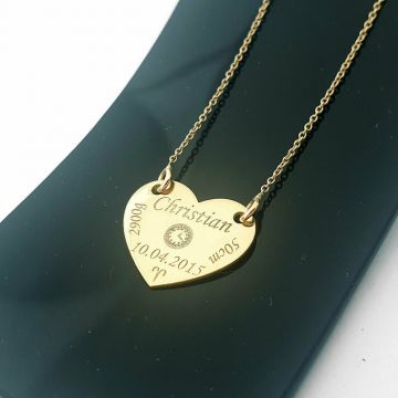 Lantisor personalizat - Inima 15 mm - Botez - Aur Galben 14K