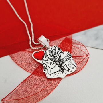Lantisor personalizat - Siluete mama si fiica - Argint 925 - inima cristal Swarovski
