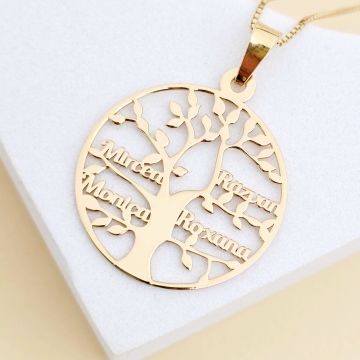 Lantisor premium - Copacul Vietii - personalizat cu nume - Argint 925 placat cu Aur galben 18K