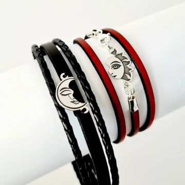 Set 2 bratari cu piele naturala rosie pentru EA si neagra pentru EL - Pandante Luna si Soare unite - Argint 925