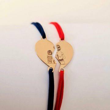 Set 2 bratari - inima puzzle - siluete Mama si Fiu - pandantive de 8x15 mm - Aur galben 14k - snur reglabil