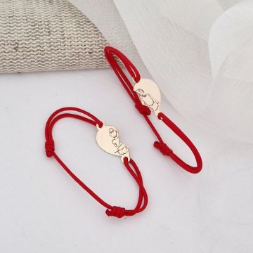 Set 2 bratari - inima puzzle - surori/prietene - pandantive de 8x15 mm - Aur Roz 14k - snur reglabil