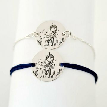 Set 2 bratari personalizate - Mama si fiu - Banuti de 15 mm - Argint 925 - snur reglabil pentru fiu si lantisor pentru mama