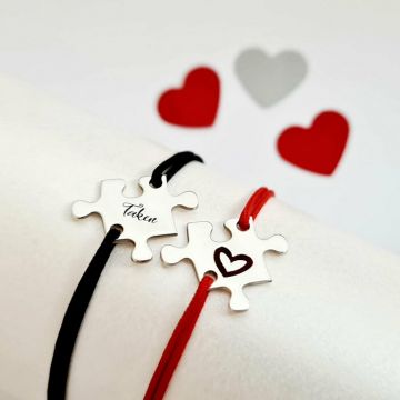 Set 2 bratari personalizate si decorate cu email colorat - Model piese de puzzle - Argint 925 si snur reglabil