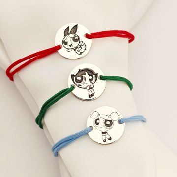 Set 3 bratari personalizata - Banuti 12 mm - Fetitele Powerpuff - Argint 925 - snur reglabil