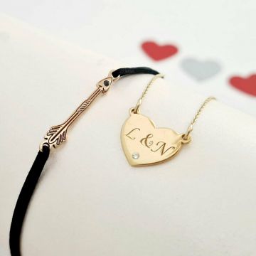 Set lantisor si bratara - Inima si sageata - cu Diamant natural alb/negru - Aur Galben 14K