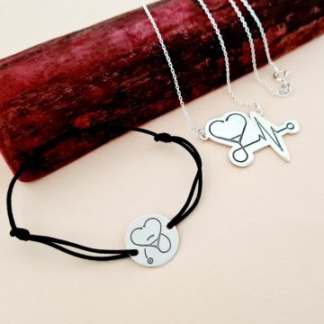 Set personalizat lantisor si bratara - Stetoscop sub forma unei inimi - Argint 925