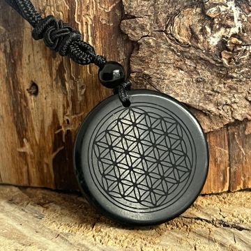 Colier pandantiv obsidian  | Flower of Life