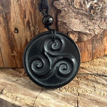 Colier pandantiv obsidian natural | Spirală celtică Triskelion