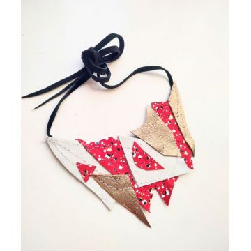 Colier statement din piele naturala, spirit festiv ,unicat