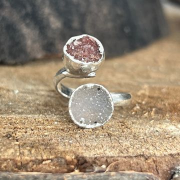 Inel reglabil agat druzy Circles placat cu argint din Brazilia | Model 10
