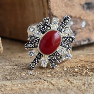 Inel argint carneol, marcasit, zirconiu | FLOWER