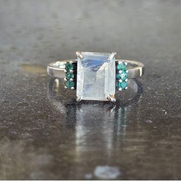 Inel argint piatra lunii, smarald | DUO