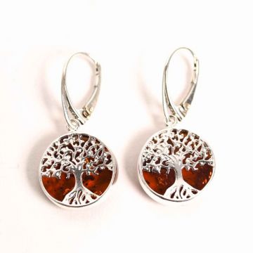 Cercei Argint 925 cu Chihlimbar si Arborele Vietii - Protectie si Armonie