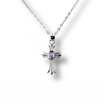 Colier Argint 925 cu Ametist Natural in Forma de Cruce ,   Liniste, Claritate si Protectie Energetica