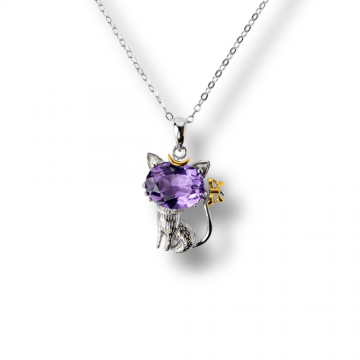 Colier Argint 925 cu Ametist Natural in Forma de Pisica ,   Claritate Spirituala si Protectie Energetica
