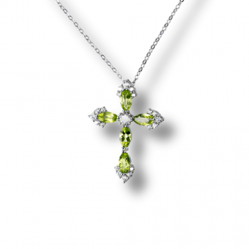 Colier Argint 925 cu Crucifix din Peridot Natural si Zirconiu ,   Simbol al Prosperitatii, Vitalitatii si Armoniei Interioare