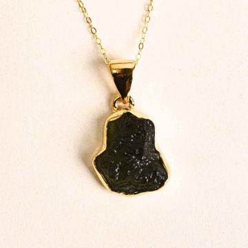 Colier Argint 925 placat cu Aur 18k cu Moldavit natural 3.28 gr 16x13 mm ,   transformare, protectie, energie cosmica