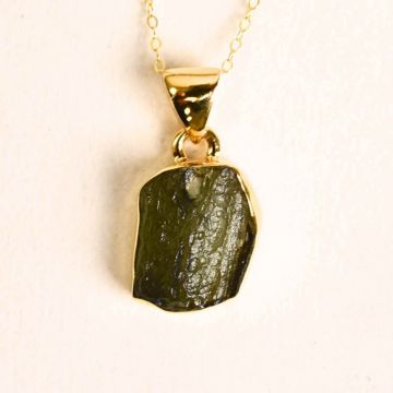 Colier Argint 925 placat cu Aur 18k cu Moldavit natural brut - transformare si protectie - 2.16 g