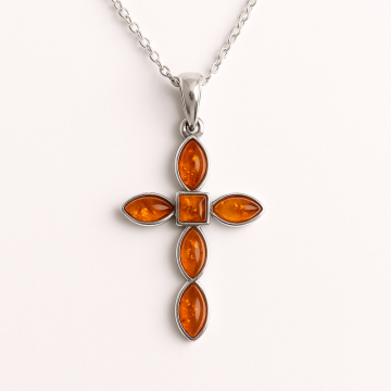 Colier cruce cu chihlimbar si montura argint 925 ,   Simbol sacru al puritatii si credintei