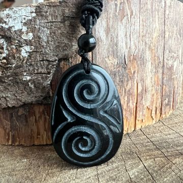 Colier pandantiv obsidian natural | Spirală celtică Triskelion m2